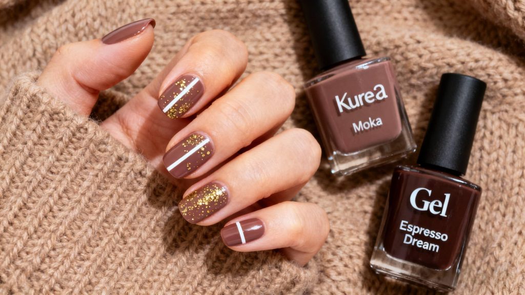 2025 Winter Nail Trends Warm Skin Tone Hand With Mocha Mousse Nails Gold Micro Beads Kure Bazaar Moka And The Gel Bottle Espresso Dream Polish 1024x576