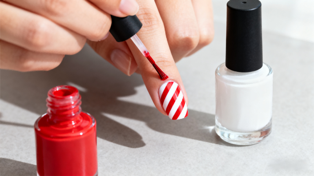 alt text diy candy cane stripe christmas nails step by step tutorial guide