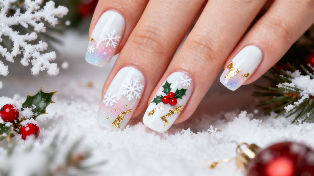 creative christmas nail art design with snowflakes, holly berries and gold foil accents