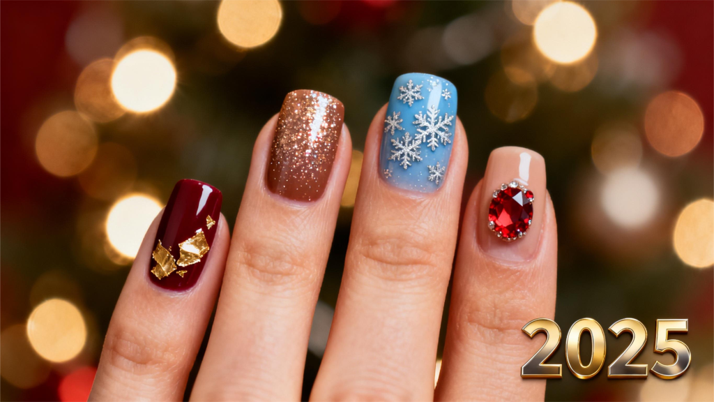 new year nail designs 2025 lucky burgundy & gold, mocha & champagne glitter, ice blue & silver snowflakes