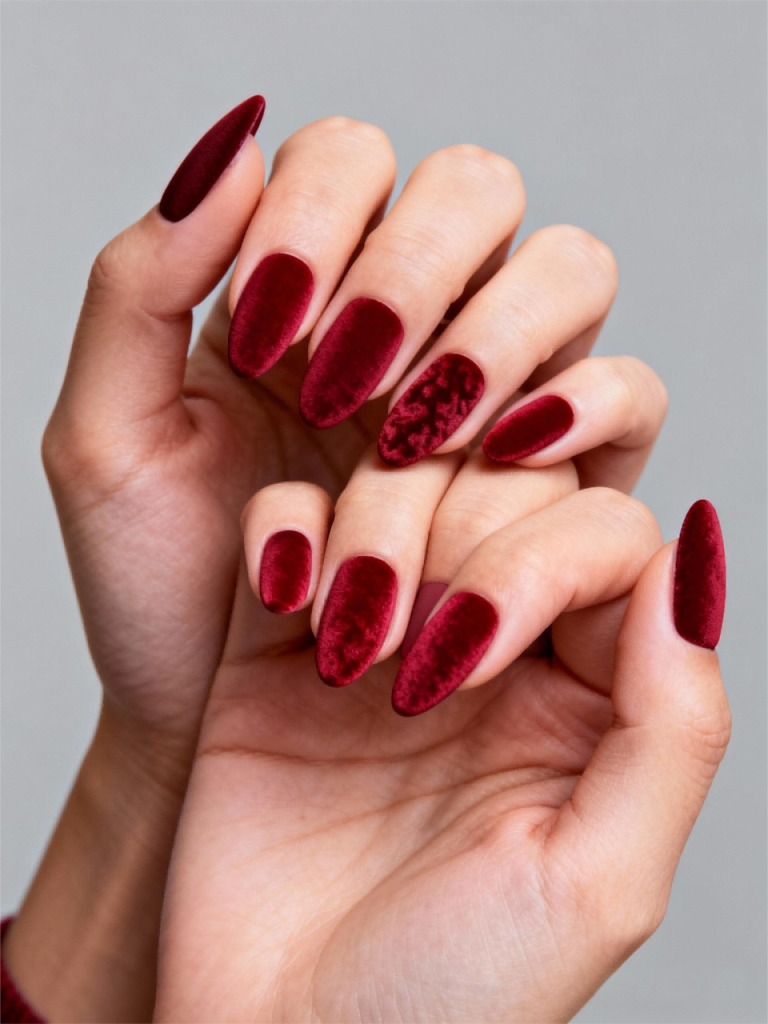 NO.2Christmas red velvet matte almond nails